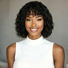 Short Curly Bob Wig, Brazilian Remy Human Hair, Curly Bangs, 150% Density, Full Machine Woven Human Hair Wig With Bangs, Glueless, No Lace, Daily Wear, Black, 10 Inch - Natural Black - View 4