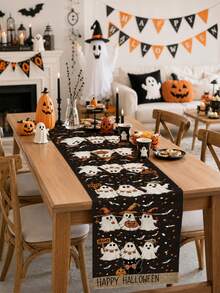 1件黑色可愛白色幽靈圖案亞麻桌旗，印有Happy Halloween字樣，恐怖又可愛的餐桌居家裝飾，萬聖節派對用品，秋季節慶裝飾 - A - 查看 6