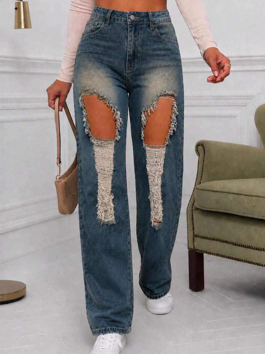 Damen Vintage Distressed Denim Jeans, Y2K Stil Lässig Gerade Beine Hose, Knopf Detail Design, Leicht Dehnbar, Bequem zu Tragen - Blau - Übersicht 1