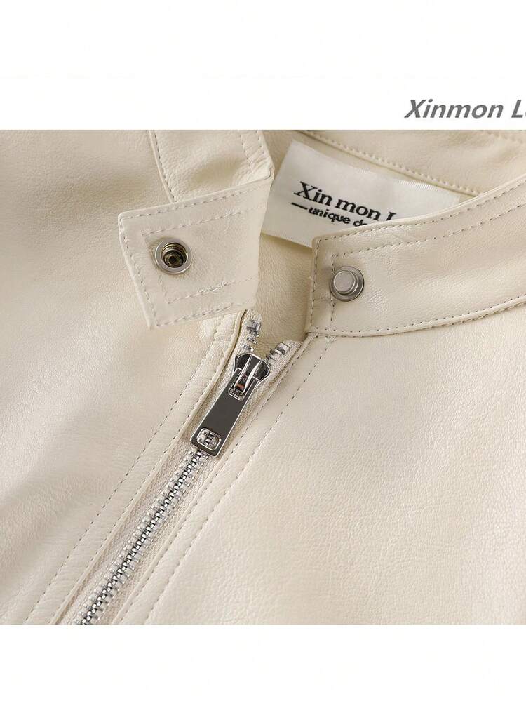 Sweet & Cool Retro Plaid Patchwork Long Sleeve PU Leather Jacket Zipper Coat, College Style, Vacation, Daily, Spring/Autumn - Apricot - View 5