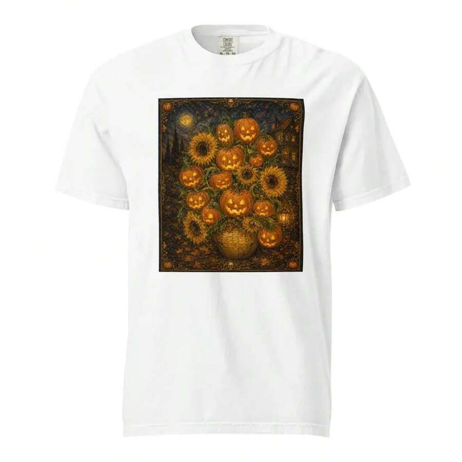 Lokales Lager, Unisex-T-Shirt aus 100 % Baumwolle, Kurzarm, Motiv Vintage d'Halloween citrouille: Tournesols, Rundhals, lässige Passform