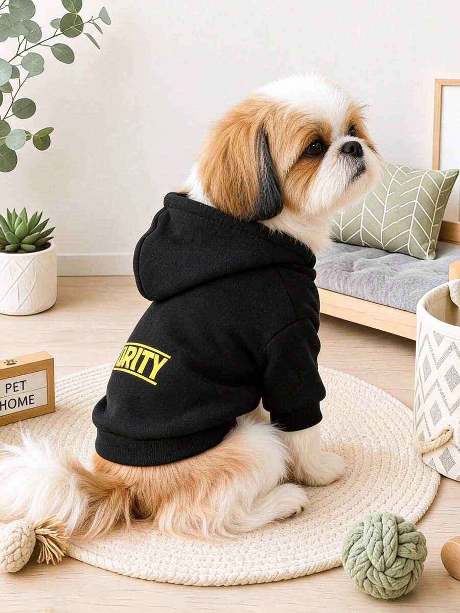 PETCIRCLE 1件裝寵物小狗幼犬可愛防風保暖連帽衛衣系列,簡約素色字母印花,黃色 SECURITY + 素色衛衣 - 黑色 - 黑色 - 查看 1