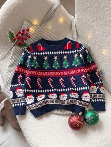 Boys Cute Santa Claus & Christmas Tree Pattern Long Sleeve Sweater Christmas Gift Crew Neck Pullover Suitable For Christmas Party, Daily Wear, Spring, Autumn, Winter - Navy Blue - View 2