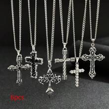 6pcs/Set, Men's Vintage Coptic Cross Pendant Necklace Set, Stainless Steel Versatile Neck Accessory, Daily Party Exquisite Accessory, Street Fashion Jewelry, Unique Personalized Ornament, Perfect Birthday Gift - 6pcs/set - View 3