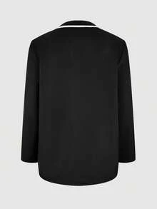 1pc Contrast Trim Elegant Woven Fabric Small Stand Collar Button Front Pocket Long Sleeve Top For Women, Long Sleeve Nurse Uniform Clinic Reception Catering Workwear Spring Autumn - Black - View 5