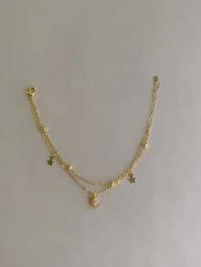 Pulsera ajustable de lujo con doble capa, cadena brillante con estrella y luna para mujeres - Dorado - Ver 9