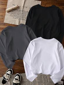 3pcs/Set Tween Boys American Outdoor Cartoon Long Sleeve T-Shirt, Skateboard Bear Off-Road Camping Loose Base Layer Top For Spring And Autumn - Dark Grey - View 3