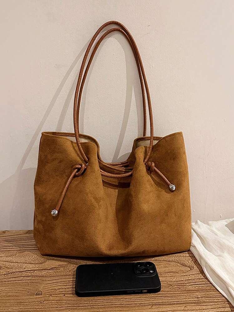 1pc Solid Color Suede Shoulder Bag, Vintage Fashion Large Capacity Commuter Shoulder Bag, High-End Textured Elegant Shoulder Bag - Brown - View 5
