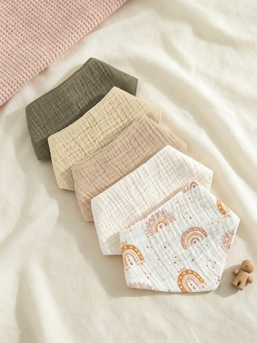 5pcs/Set Pure Cotton Baby Bibs, Soft Gauze Triangle Bandana Drool Bibs, Adjustable Snap Button Newborn Bibs - Multicolor - View 1