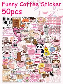 50pcs Fun Coffee Stickers, Pink Cartoon Doodle DIY Notebook Diary Stationery Bottle Stickers, Student Gift - Multicolor - View 2