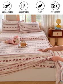 1pc Red Bow Heart Print Bed Sheet, Cute Vintage Puff Gauze Polyester Single Bed Sheet, Soft & Breathable, Machine Washable - Red and White - View 5