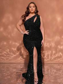 Women's Plus Size Sequin Long Asymmetrical Neckline Cutout Sexy High Slit Design Extra Long Party Evening Gown - Black - View 4