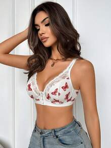 Women's Lace Patchwork Butterfly Print Front Closure Underwire Bra - White - View 5