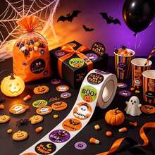 500/1000 Halloween Circular Sticker Roll, Orange Pumpkin Ghost Bat Design, Happy Halloween Sticker, Halloween Self-Adhesive Label Sticker, Halloween Party Decoration, Gift Bag Sealing Sticker, Halloween Party Supplies, - View 1