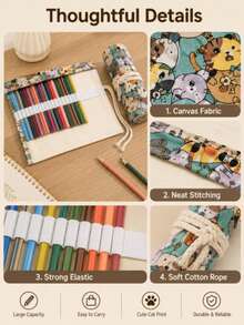 1 buah Kotak Pensil Gulung Kanvas Multi-Slot, Motif Kucing Kartun Lucu, Tas Penyimpanan Pensil Kapasitas Besar, Organizer Portabel untuk Sketsa, Menggambar, dan Mewarnai, Hadiah Mini untuk Kembali ke Sekolah dan Liburan Seni - Beraneka warna - View 6