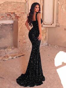 Faeriesty Elegant Sequin Sleeveless Spaghetti Strap Backless Mermaid Dress, Suitable For Formal Parties And Weddings - 黑色 - 查看 2