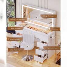Devoko Modern Vanity Table With Extra Large LED Mirror, 3 Light Colors And Dimmable Brightness, Dressing Table With Glass Top, 9 Drawers, Power Strip And Hair Dryer Holder, White/Black - 查看 8
