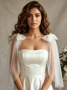 1 Pair Detachable Faux Pearl Bow Bridal Shawl, White Mesh Shoulder Sleeves, Wedding Party Strapless Dress Shoulder Accessory - Multicolor - View 7