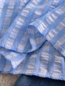 Autumn/Winter Baby Girl Cute & Stylish Blue & White Plaid Daisy Loose Set & Spring/Autumn New Puff Sleeve Top & Embroidered Denim Wide Leg Pants Outwear - Baby Blue - View 11
