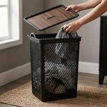 Black Mesh Multipurpose Laundry Basket 49L With Lid And Wooden Label - Negro - Ver 6