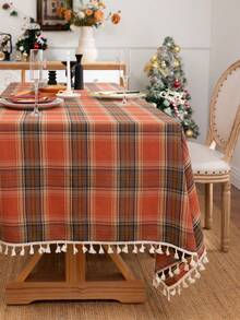 1pc Vintage Christmas Plaid Tassel Rectangular Tablecloth, Multiple Colors Available, Suitable For Holiday Home Party, Christmas Party, Homestay Decor, Restaurant Living Room, Fits Various Dining Tables - Orange - View 5