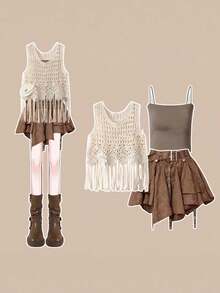 Fringe Cardigan + Brown Vest + Brown Mini Skirt