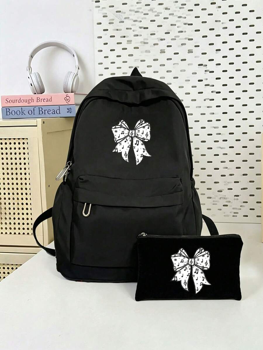 Musical Note Bowknot Print Backpack, Simple Fashion Large Capacity Casual Commute Backpack, Laptop Bag Travel Backpack Back To School Essential Suitable For Middle School, High School And College Students
