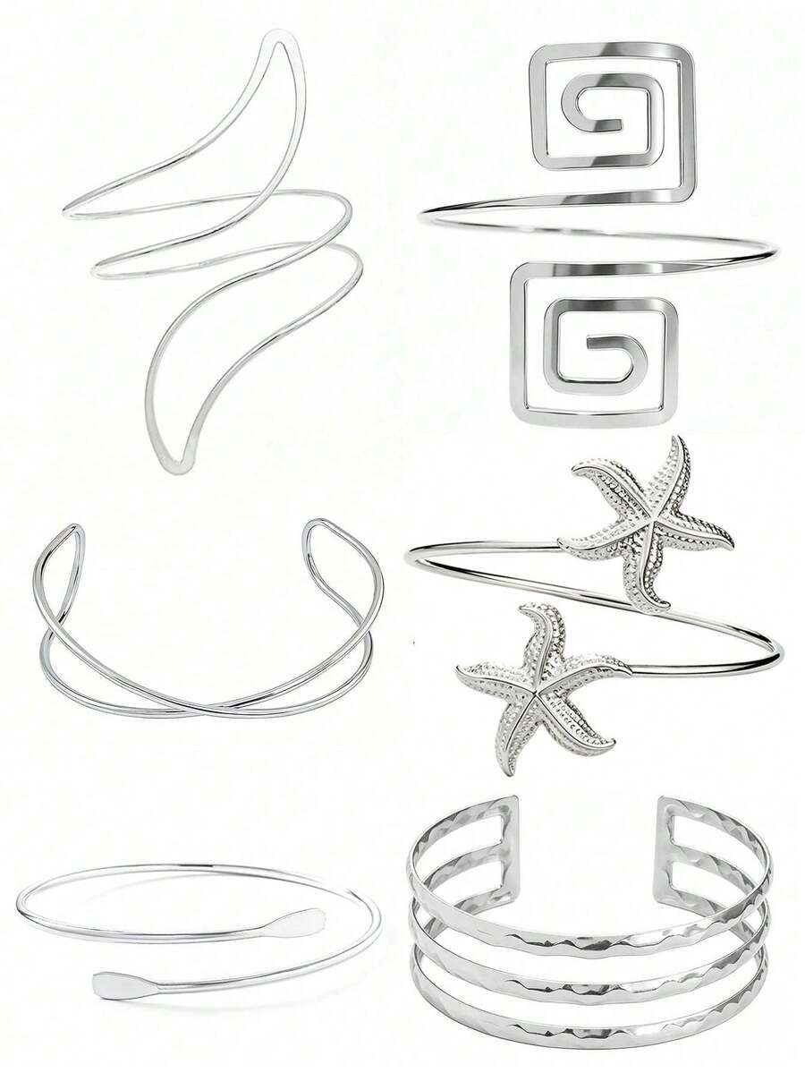 Juego de 6 piezas de brazaletes cuadrados geométricos personalizados, pulseras versátiles ajustables con diseño de estrella de mar, para fiestas, vacaciones y uso diario - 6PC-2 - Ver 1