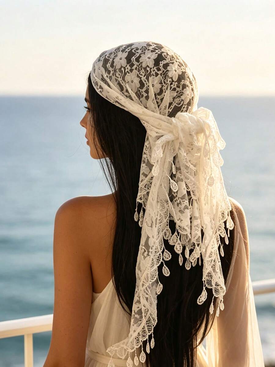 1件裝女款花卉蕾絲三角頭巾,波希米亞流蘇水滴形流蘇方巾,日常海灘度假髮飾頭帶,新娘髮飾 - 彩色 - 查看 1