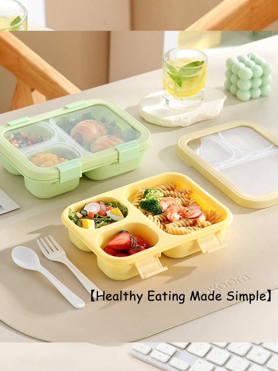 1PC Portable Divided Lunch Box, 3-Compartment Or 4-Compartment Options, PP Material For Storage, Sealed Transparent Lid To Prevent Leakage, Comes With Complete Utensil Set. Soft Macaron Color Palette, Microwave Reheating Compatible, Suitable For Commuting, Campus, Camping And All Scenarios. - Multicolor - View 1