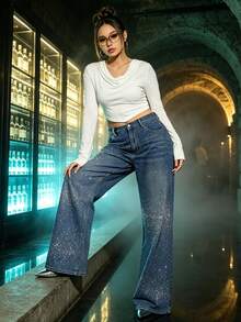 Celana Jeans Denim Wanita Ukuran Besar Pinggang Tinggi dengan Hiasan Rhinestone, Potongan Lurus, Warna Gelap, Gaya Pesta Kasual Mengkilap untuk Musim Gugur - Medium Wash - View 9