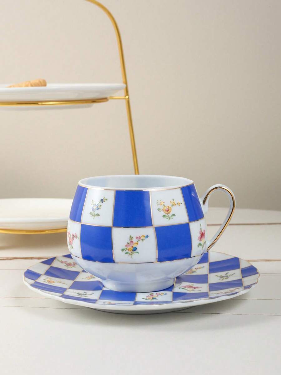 1pc Set Exquisite Personalized Bone China Coffee Cup And Saucer, Large Vintage Grid Coffee Cup, Suitable For Home, Party, Club, Housewarming, Gift Choice - Multicolor - View 1