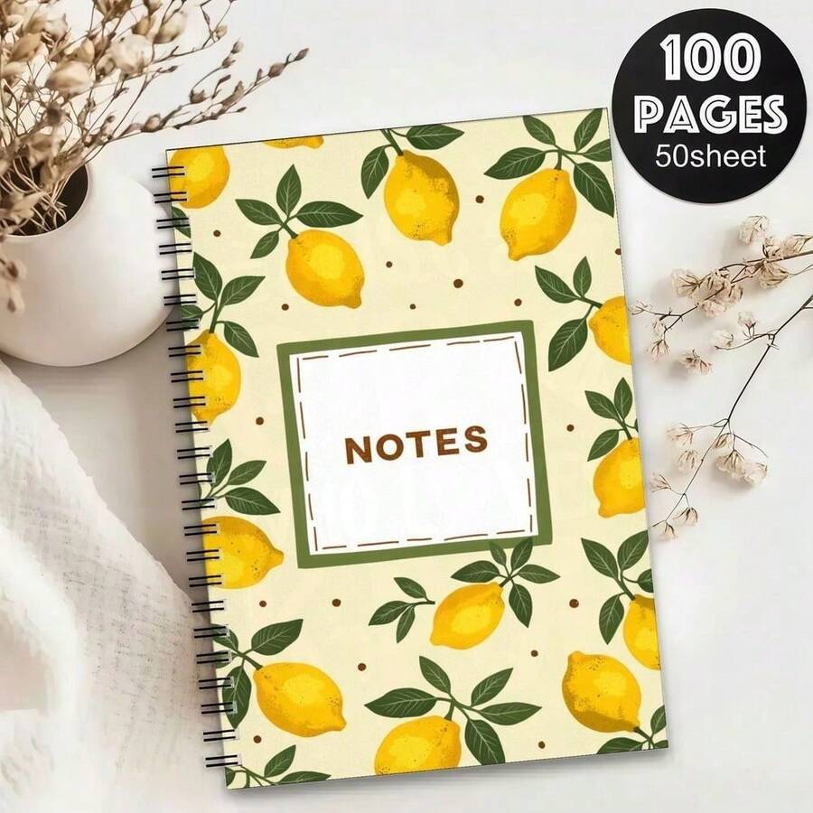 1pc 50-Page A5 Spiral Notebook, Light Beige Cover Decorated With Yellow Lemon And Green Leaf Pattern, Accented With Small Brown Dots, White Rectangular Frame With Green Border And "NOTES" Text In The Center, Black Spiral Binding Design, Lined Pages, Suitable For Journaling - Lemon - View 1