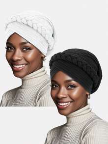 2pcs Women's Ruched Handmade Braided Headscarf Hats, Suitable For Daily Wear - Multicolor - View 6