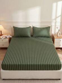 1pc Green Striped Fitted Sheet, Bedding, Mattress Protector, Home Textiles, Soft, Wrinkle-Resistant, Breathable And Comfortable, Suitable For All Bed Sizes, Dorm Bedding, Home Decor, Pillow And Pillowcase Not Included, Machine Washable, Back To School - Multicolor - View 6