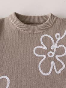 2pcs/Set 1pc Girls Cute Embroidered Flower Knit Pullover Sweater And 1pc Solid Color Knit Pants Set, Suitable For Daily Casual Wear In Spring, Autumn And Winter - Apricot - View 3
