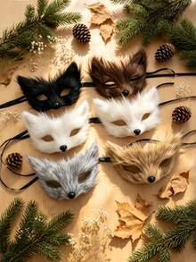 1pc Fluffy Fox Half Face Mask, Plush Animal Eye Mask With Adjustable Strap, Carnival Party Halloween Theme Costume Makeup Mask, 6 Colors Available - Multicolor - View 4