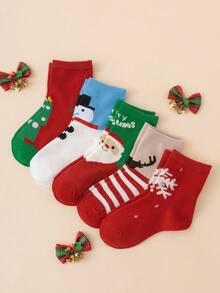5 Pairs Funny Cartoon Snowman, Plush Santa Claus, Christmas Tree Snowflake Pattern Christmas Socks For Kids, Christmas Style - Multicolor - View 1