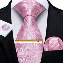 4pcs Bright Pink Paisley Pattern Men's Formal Tie Set, Includes Pocket Square, Cufflinks And Gold Tie Clip, Suitable For Party - Pink - View 2