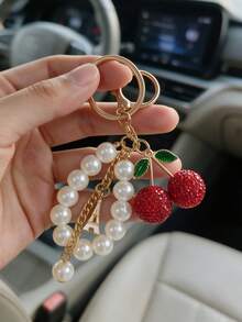 Full Diamond Cherry Keychain, Rhinestone Lanyard Design, Girly Pearl Heart Pendant, Versatile Bag & Car Key Chain, Delicate Gift For Women - Multicolor - View 14