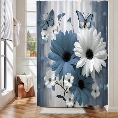 1 buah Tirai Mandi Motif Kupu-kupu Bunga Biru & Putih - Desain Alami yang Elegan, Bunga-bunga Cerah dengan Latar Belakang Abu-abu Lembut, Cocok untuk Sekat Kamar Mandi, Aksesoris Kamar Mandi, Dekorasi Tirai Mandi Kamar Mandi