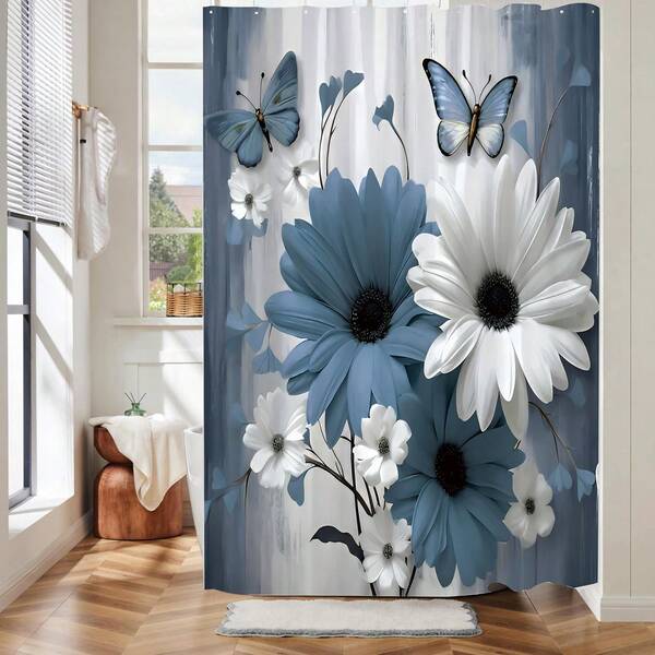 1pc Blue & White Floral Butterfly Shower Curtain - Elegant Natural Design, Vibrant Flowers With Soft Gray Background, Suitable For Bathroom Partition, Bathroom Accessories, Bathroom Shower Curtain Decor