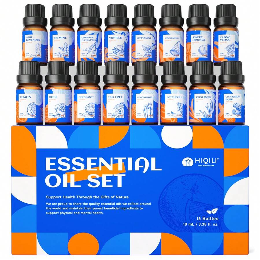 HIQILI 16pcs*10mL Essential Oil Set, Birthday Gift Box, Lavender, Vanilla, Rose, Peppermint Essential Oils, Suitable For Massage, Skin Care, Hair Care, Aromatherapy Diffuser, Humidifier, DIY Fragrance, Soap And Candle Making - Mixed Fragrance - View 1