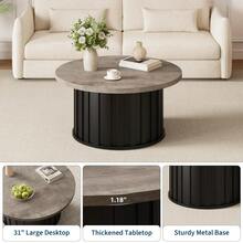 Mesa de centro redonda moderna - Diseño acanalado mid century con base metálica - 81 cm, ideal para salón, espacios pequeños y apartamentos - 50-90cm - Ver 7