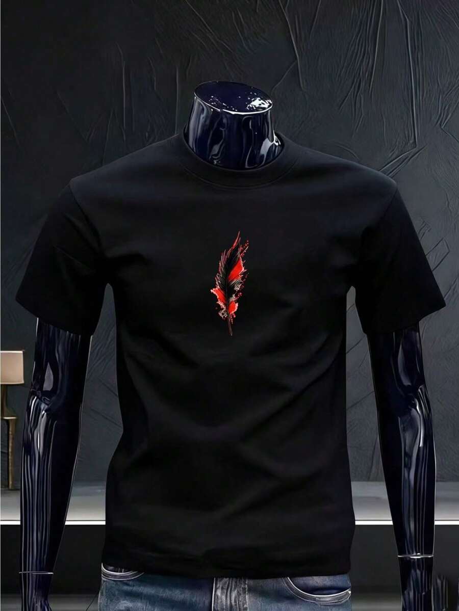 Camiseta Minimalista para Hombre con Estampado de Plumas en Tinta Negra y Roja, Cuello Redondo, Estilo Casual de Verano, Ropa Urbana Moderna para Uso Diario - Negro - Ver 1