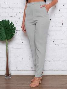 EMILI FASHION/Women's Clothing/ Pants/ Tailored/ With Pockets/ With Button And Zipper/ Pleated. - 灰色 - 查看 4