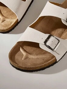 時尚休閒米色麂皮雙帶穆勒涼鞋，中性可調節雙金屬扣防滑舒適軟木底一腳蹬拖鞋，適合居家、約會、購物、通勤、派對、海灘、度假 - 米色 - 查看 6