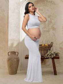 JustVH Maternity Sleeveless Solid Color Crop Top + Skirt 2 Pieces Set, Suitable For Photos, Baby Shower, Summer Party - Light Grey - View 4