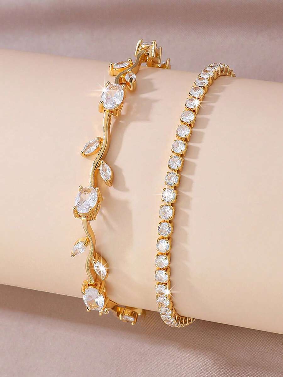 2piezas/Set Pulsera de Flor de Tulipán de Circonita Cúbica con Cadena de Tenis de Cristal Pulsera de Doble Capa, Adecuada para Uso Diario, Citas, Fiestas, Ocasiones Sociales de Mujeres - Dorado - Ver 1