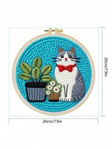 DIY 初學者衝花針刺繡套件:包含針、線、說明書、繡框、印有貓咪與植物圖案的預印布料。創意手工牆飾或禮物。2D 平面衝花針套件。入門/趣味/放鬆套件。20x20cm (7.87x7.87 英吋)。 - A - 查看 4